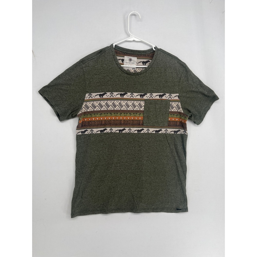On The Byas Mens Large Short Sleeve Pocket T-Shirt Olive Green Aztec Horse Print
